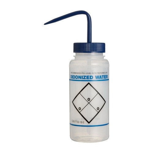10713-002 Wash bottle, DEIONIZED WATER Safety-Labeled 2-Color Wide-Mouth 500ML (16oz)